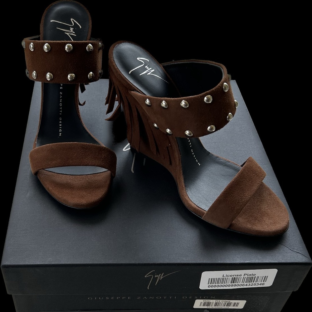 Giuseppe Zanotti Whitney Suede Fringe Wedge Sandal. EU Size 36.5 (US 6.5)